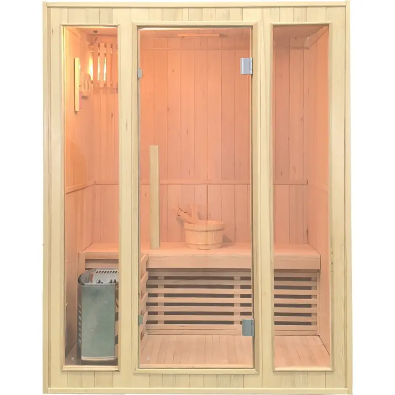 Rabatt Basturum 23 personer | Hemlock & glas | 150x120 cm | Harvia 4,5 kW | Kompakt inomhusbastu för hem & fritidshus