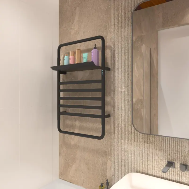 Köp online Svart handdukstork med timer och hylla | 60x90 cm | Stilren elmodell